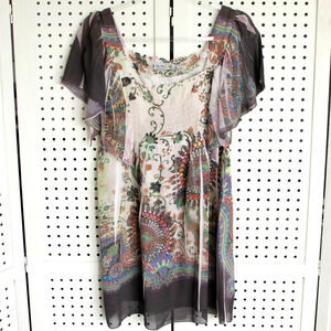 Unity World Wear Womens SIZE L Multicolor Floral Dress Boho Flutter Sleeve